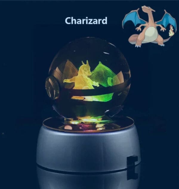 Pokemon 3d Crystal Ball Pikachu Figure Pokeball Engraving Crystal Charizard Model With Led Light Base